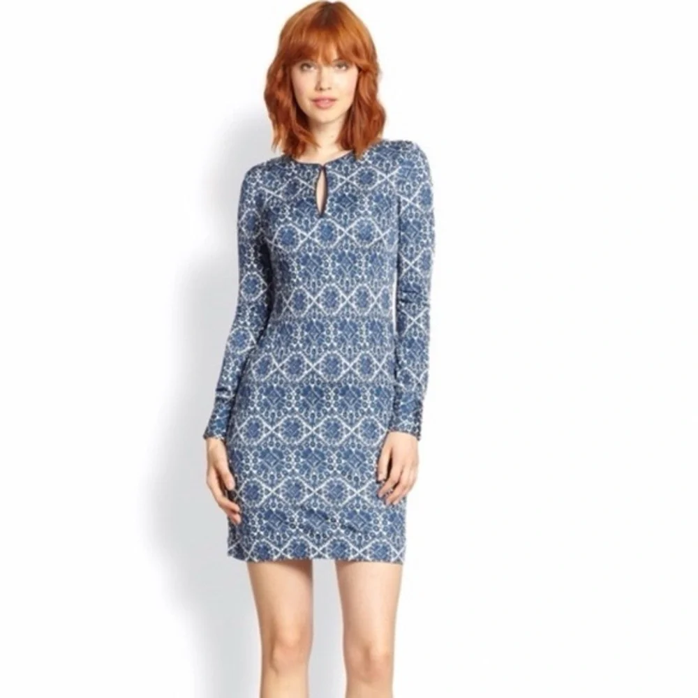 TORY BURCH Walker Long Sleeve‎ Fitted Mini Dress Navy Blue White Size M Keyhole